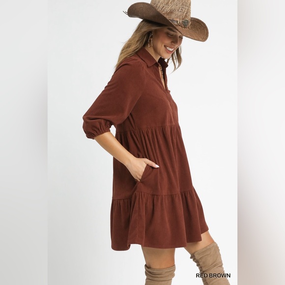 Umgee Tiered Corduroy Mini Dress with Balloon Sleeves - Picture 3 of 6